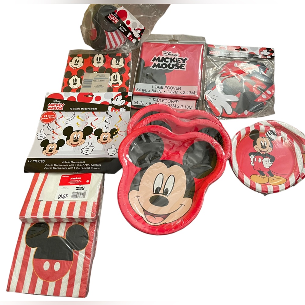 Mickey Mouse 14 Piece Party Supplies Hats, Plates, Napkins, Banner, Table Cover